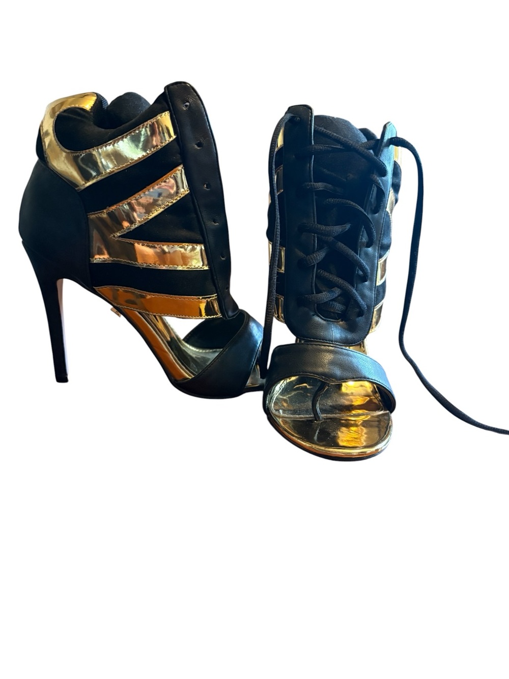 Black and Gold Lace-Up Stiletto Sandals